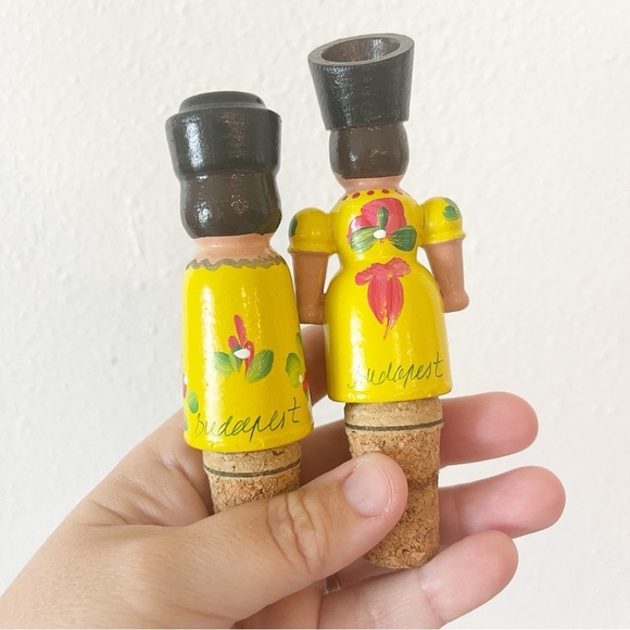 Vintage Wine Stoppers Set 2 Hand Painted Wood Man Woman Budapest Folk Art - Picture 2 of 7